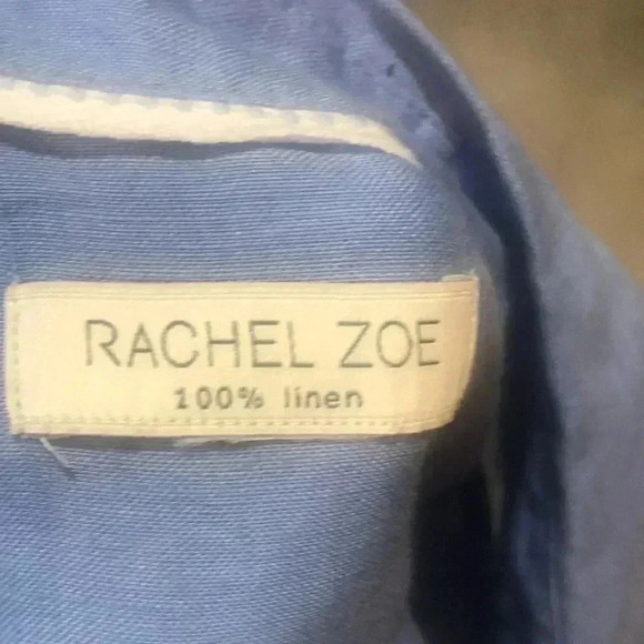 RACHEL ZOE Blue V Neck Collar Button Down 100% Linen Hi-Low Oversized Top - Picture 10 of 13